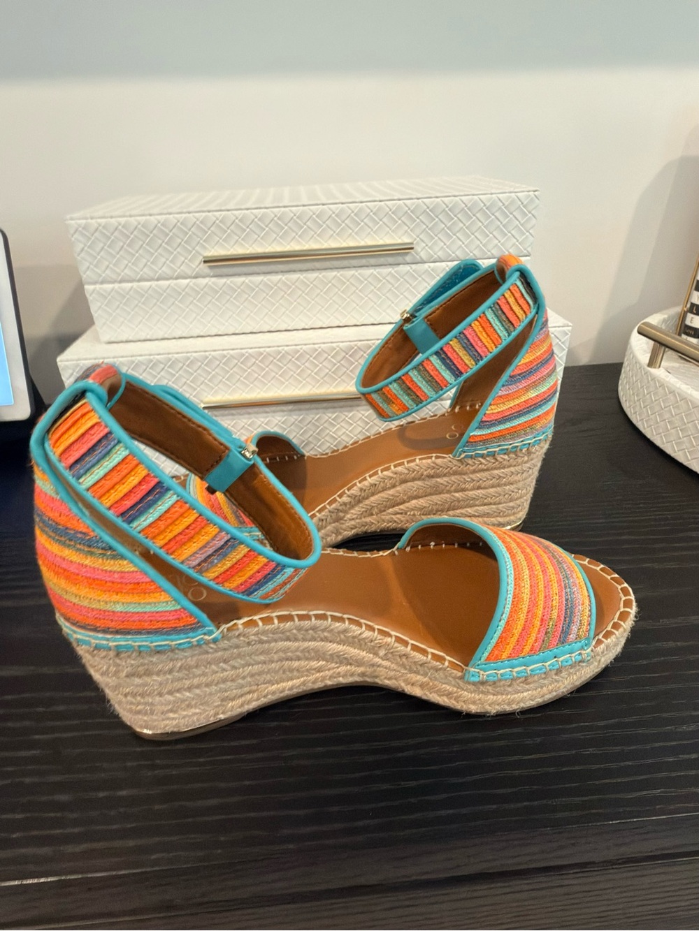 Colorful Stripe Espadrille Wedge Sandals - Turquoise Trim